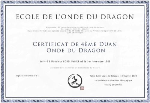 Certificat de 4ᵉ Duan — École de l'Onde du Dragon (2024)